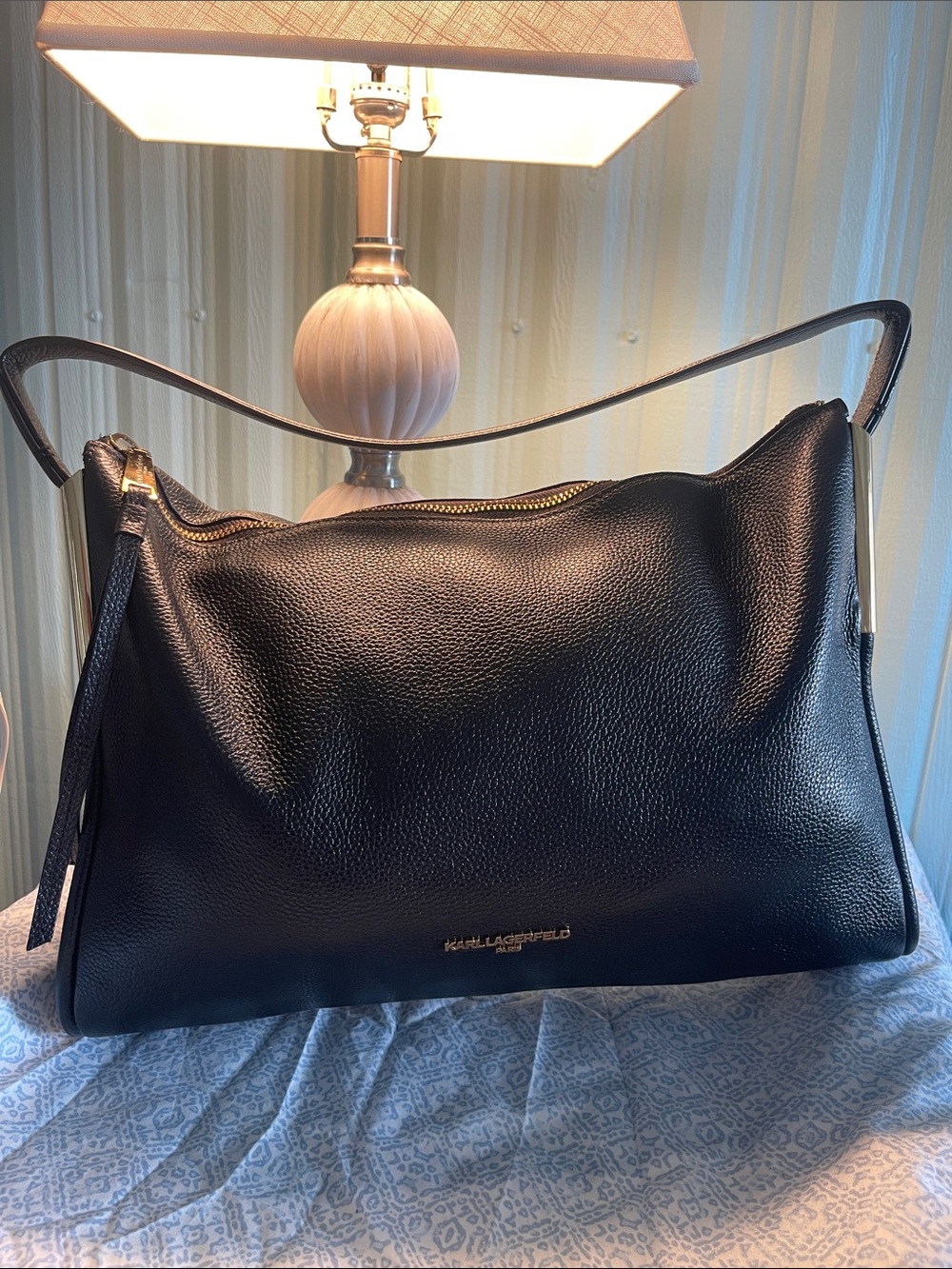 Karl Lagerfeld Paris Black Pebbled Leather Large Shoulder Bag with Gold Accents